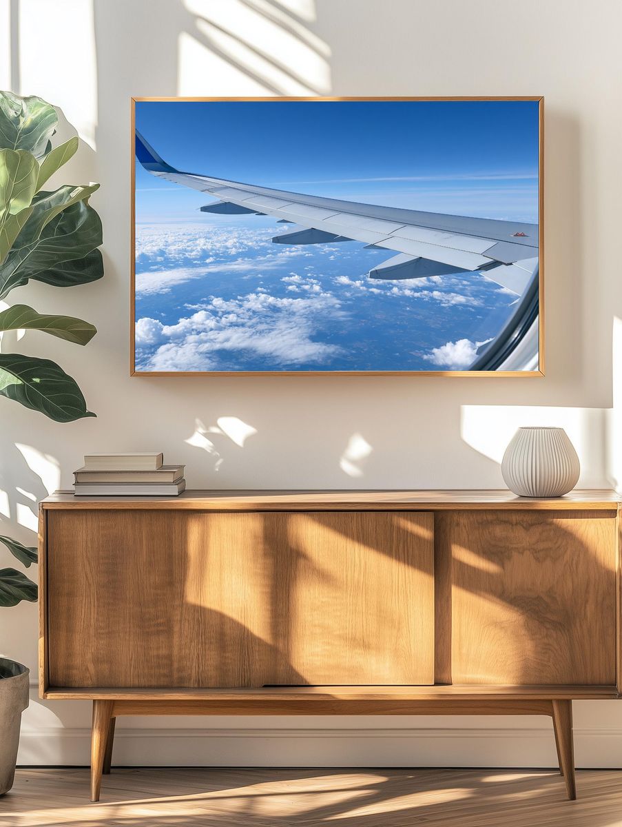 Airplane Wing Above Clouds Photography Poster. — room view 3