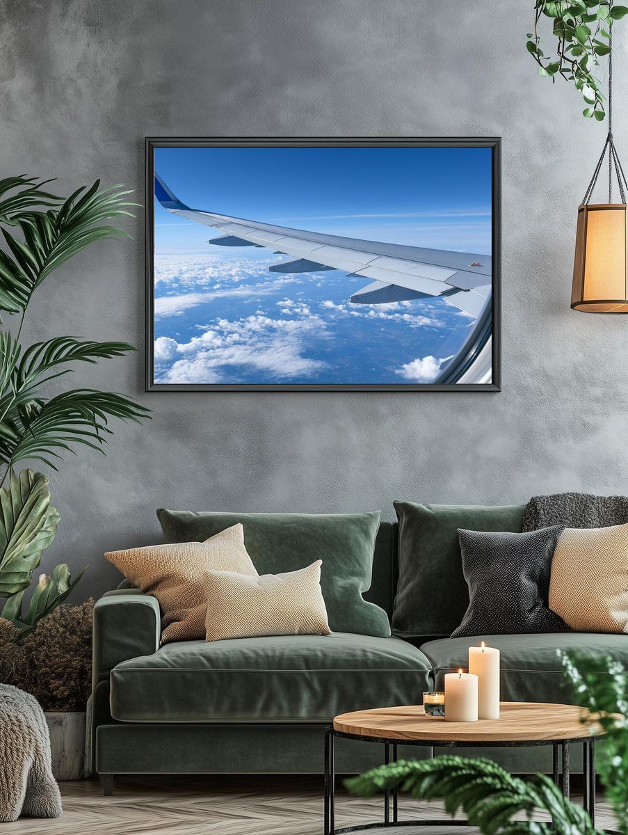 Airplane Wing Above Clouds Photography Poster. — room view 4