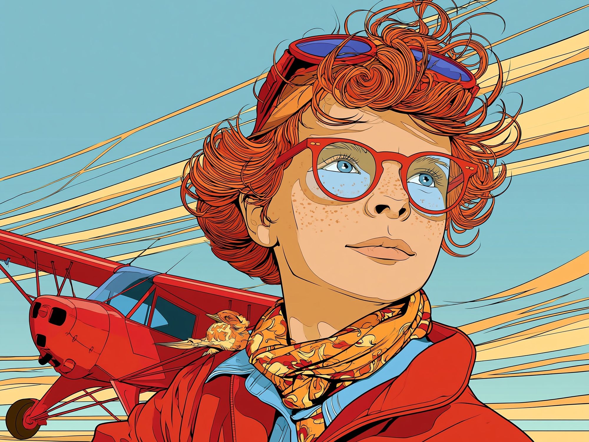 Red-Haired Aviator Portrait Print. poster — illustration art