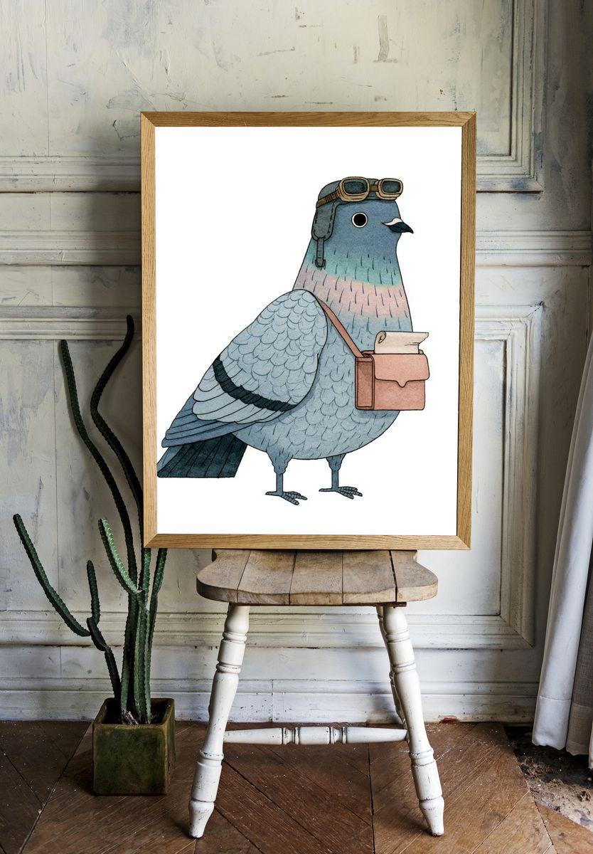 Aviator Pigeon Illustration Poster. room preview
