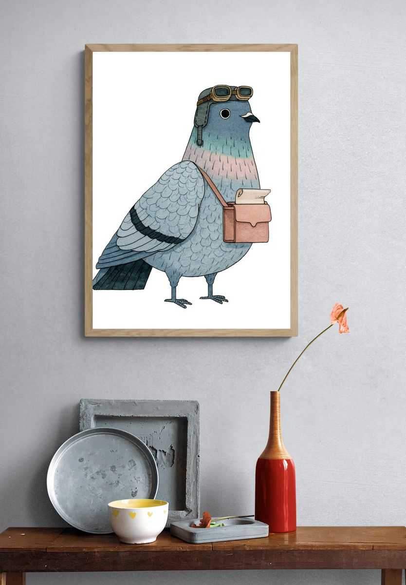 Aviator Pigeon Illustration Poster. — room view 3