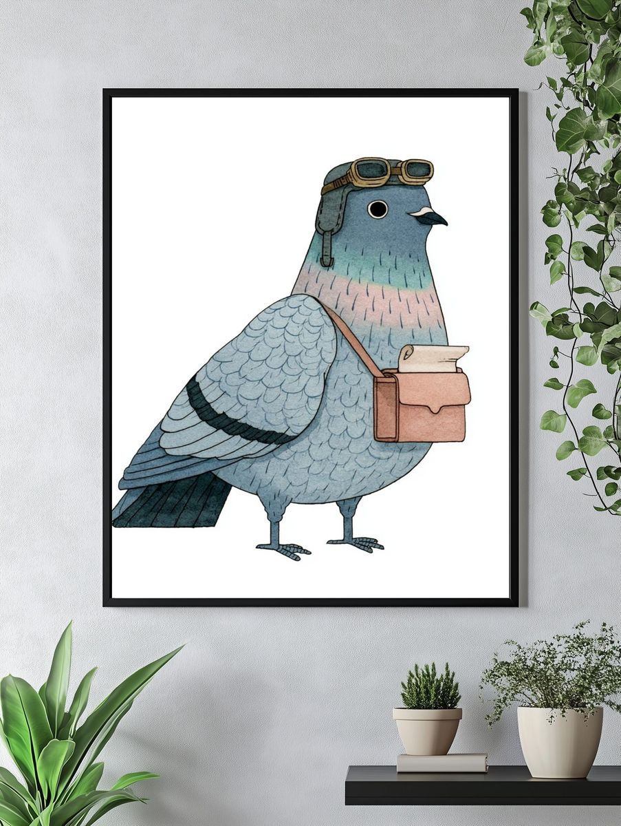 Aviator Pigeon Illustration Poster. — room view 4