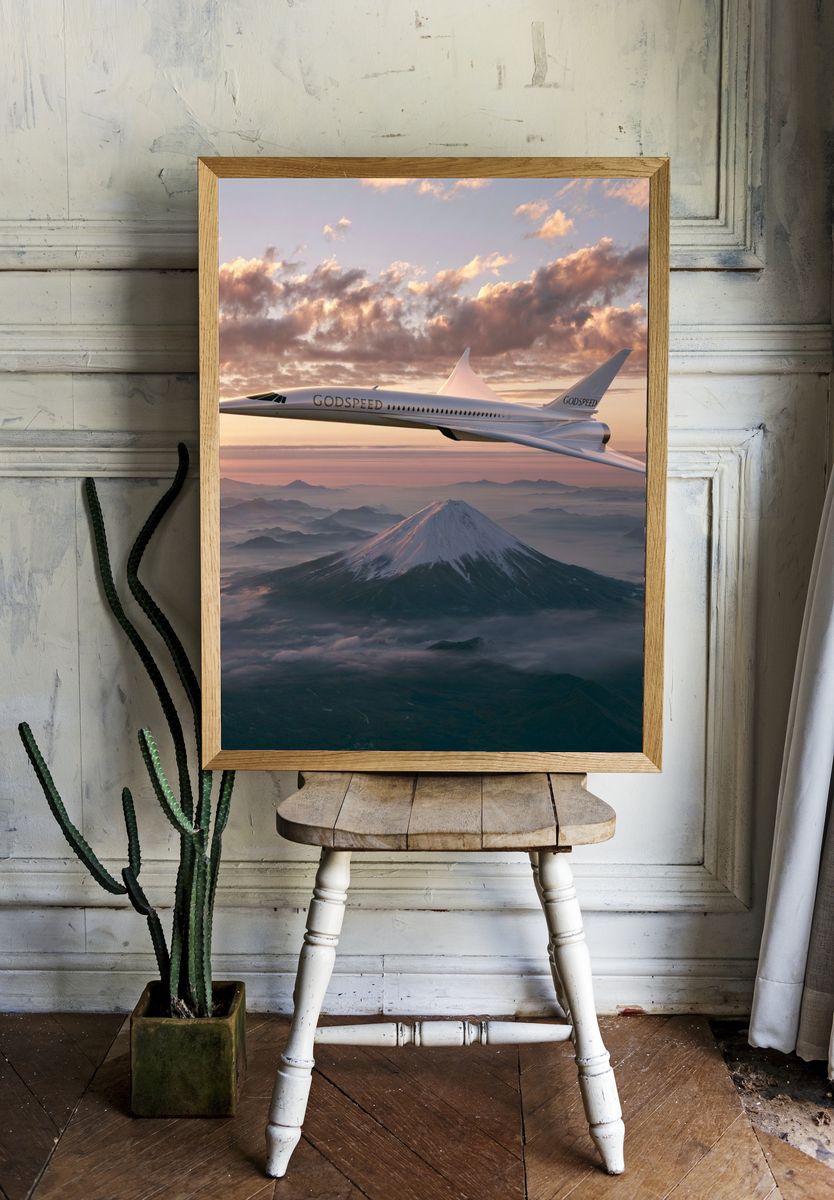 Supersonic Jet Over Volcano Print. room preview
