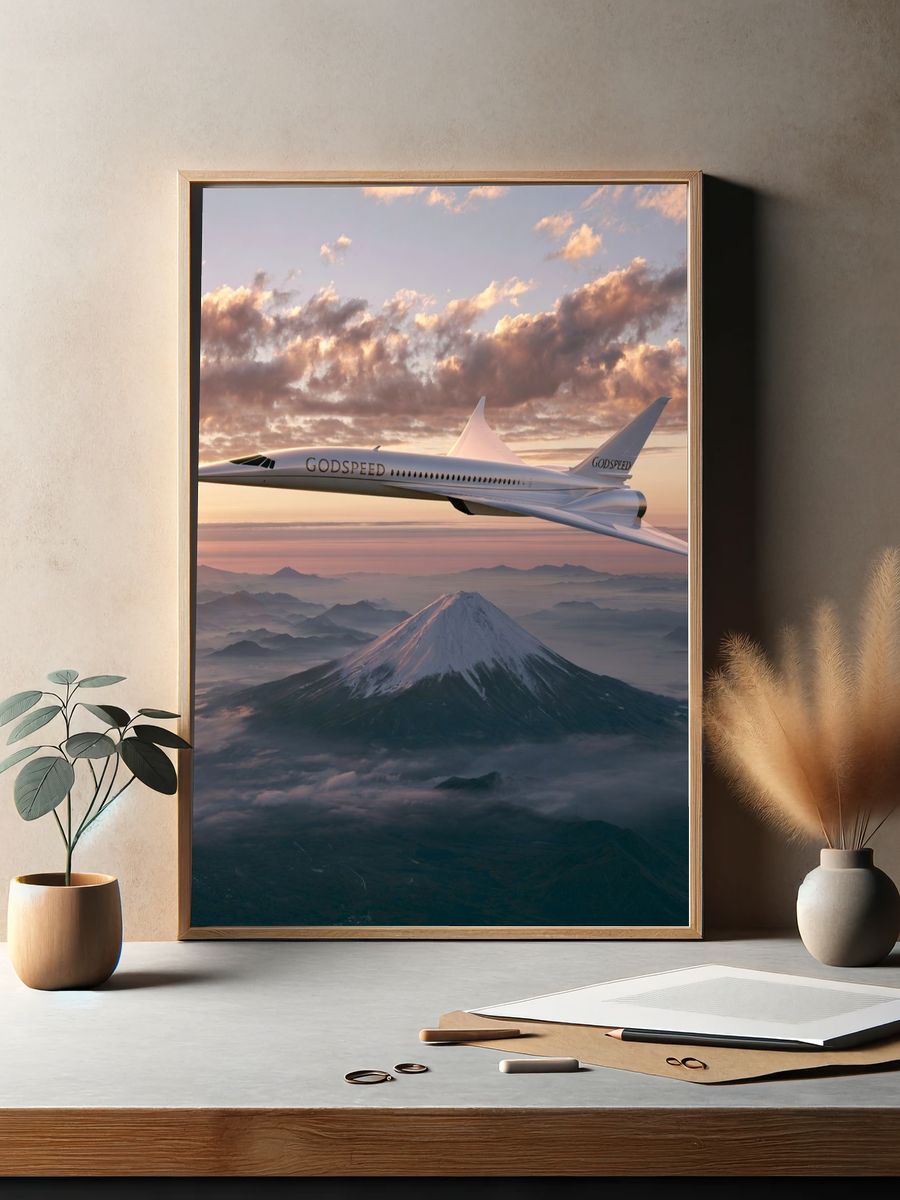 Supersonic Jet Over Volcano Print. — room view 2
