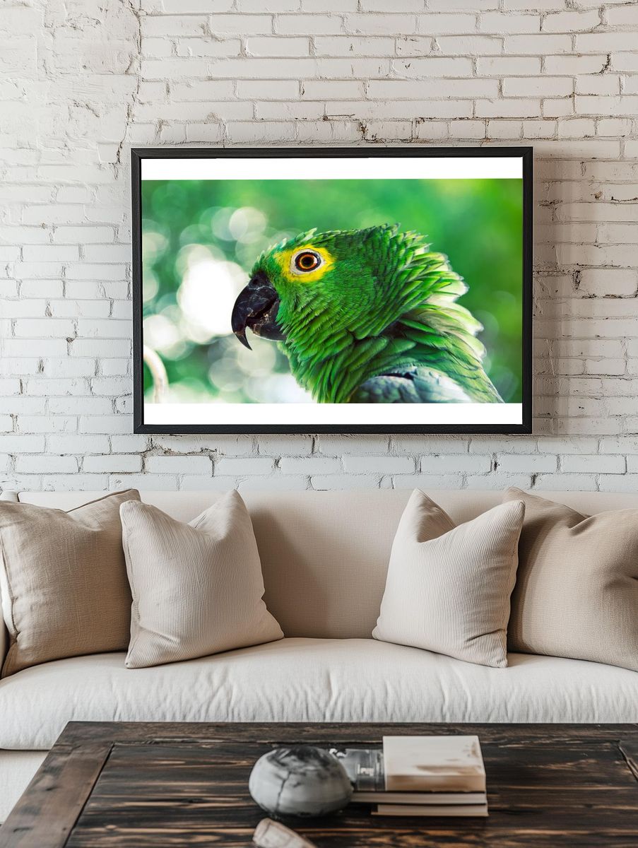 Vibrant Green Parrot Portrait Poster. — room view 1