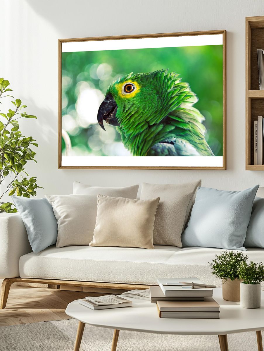 Vibrant Green Parrot Portrait Poster. — room view 2