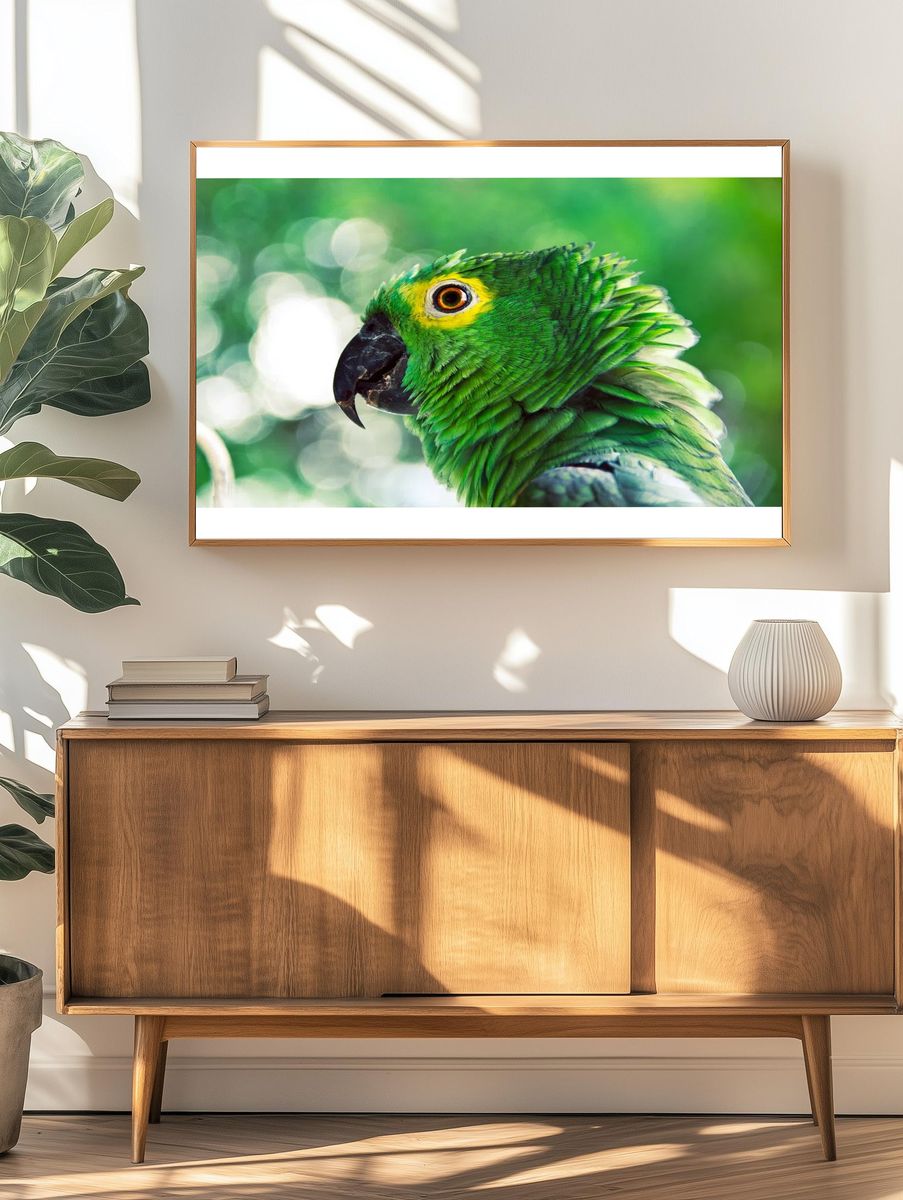 Vibrant Green Parrot Portrait Poster. — room view 3