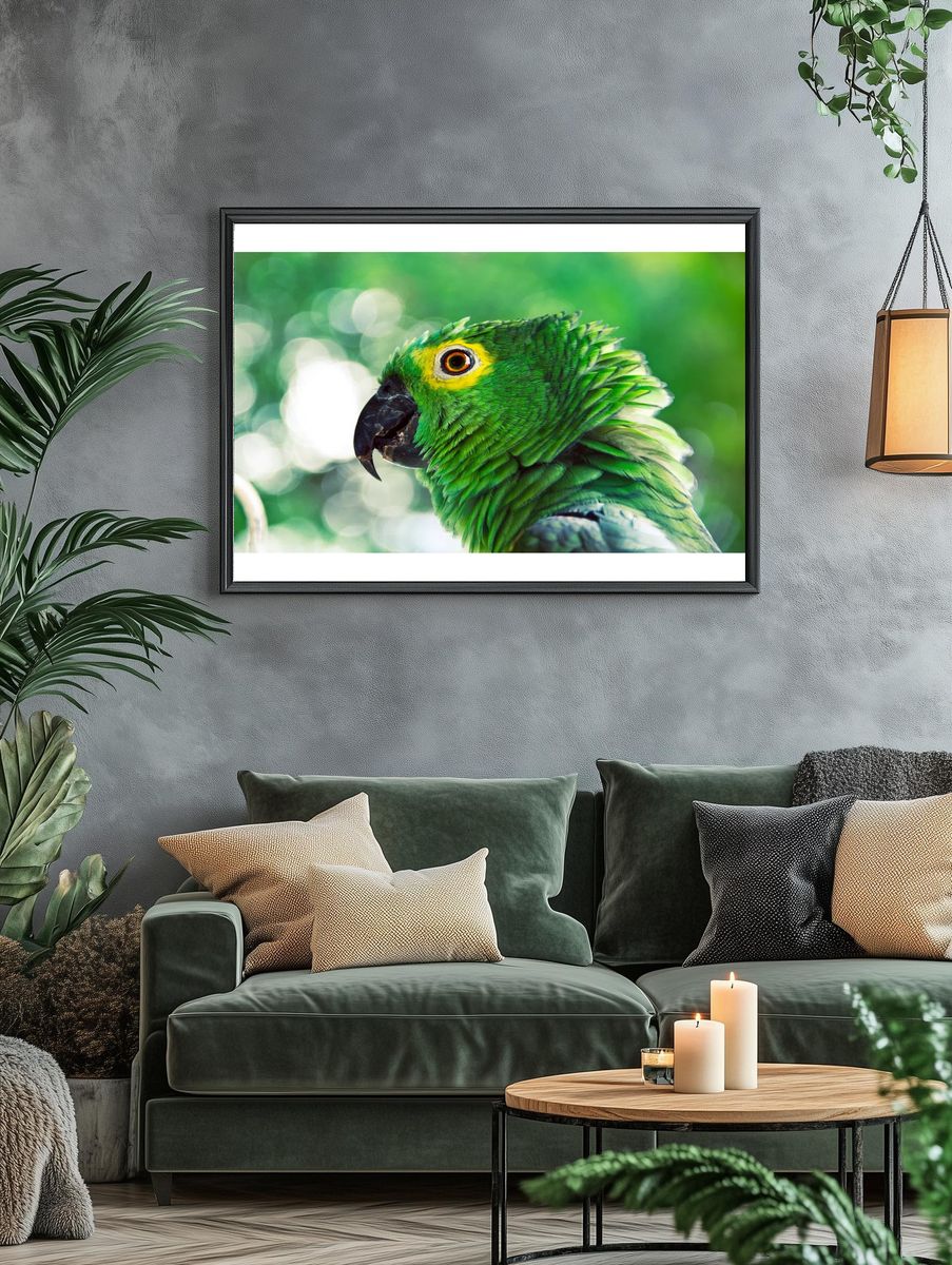 Vibrant Green Parrot Portrait Poster. — room view 4
