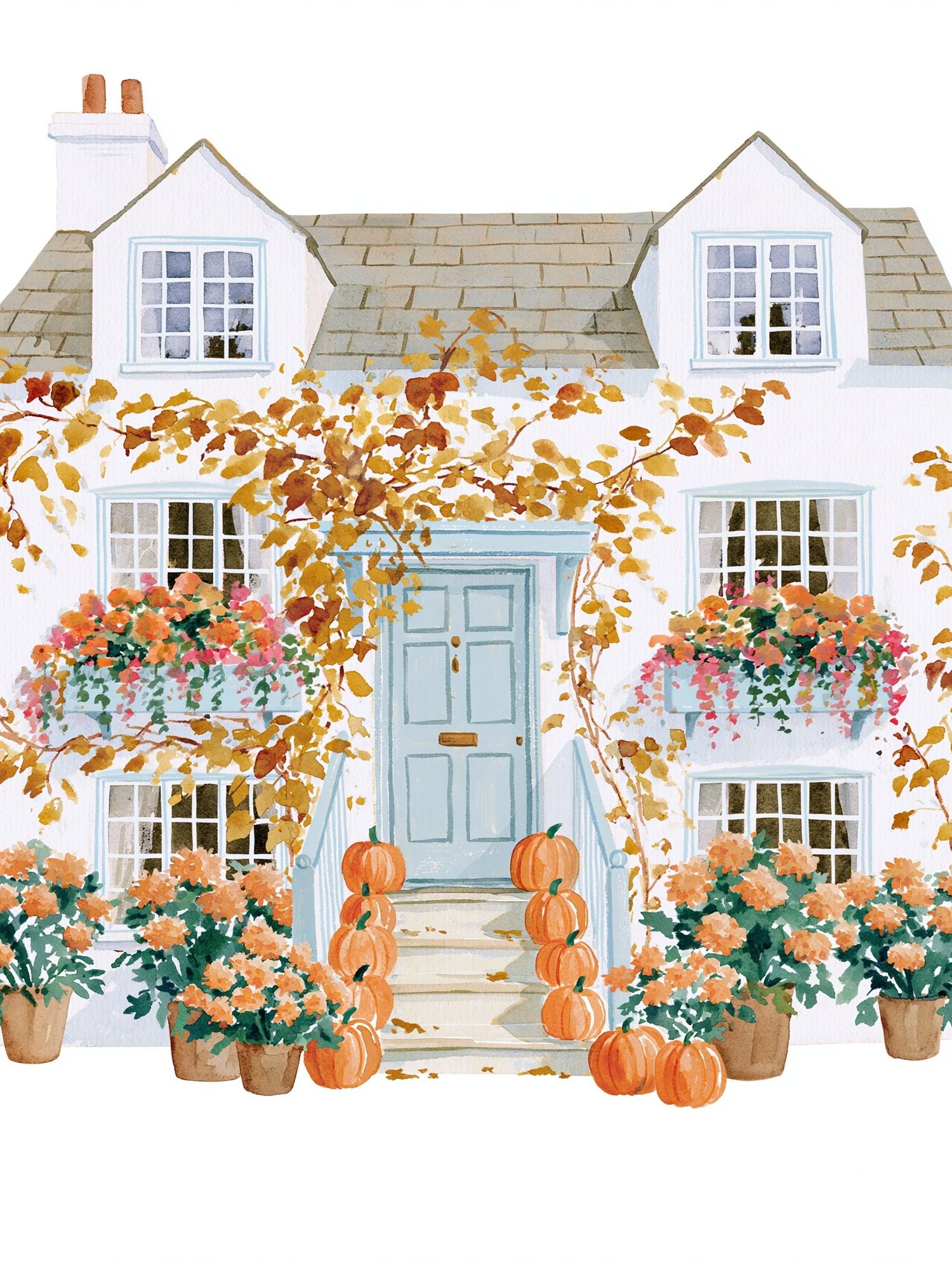 Autumn Cottage Watercolor Print. poster — illustration art