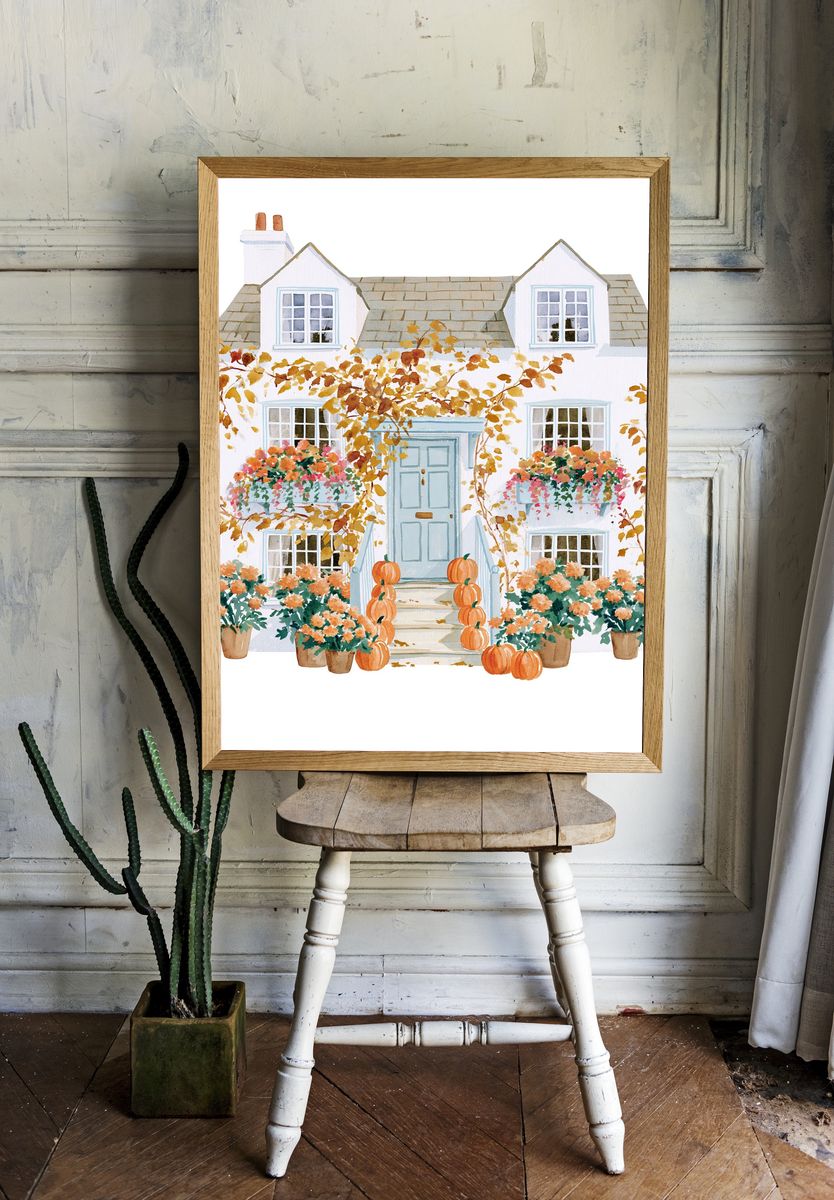 Autumn Cottage Watercolor Print. — room view 1
