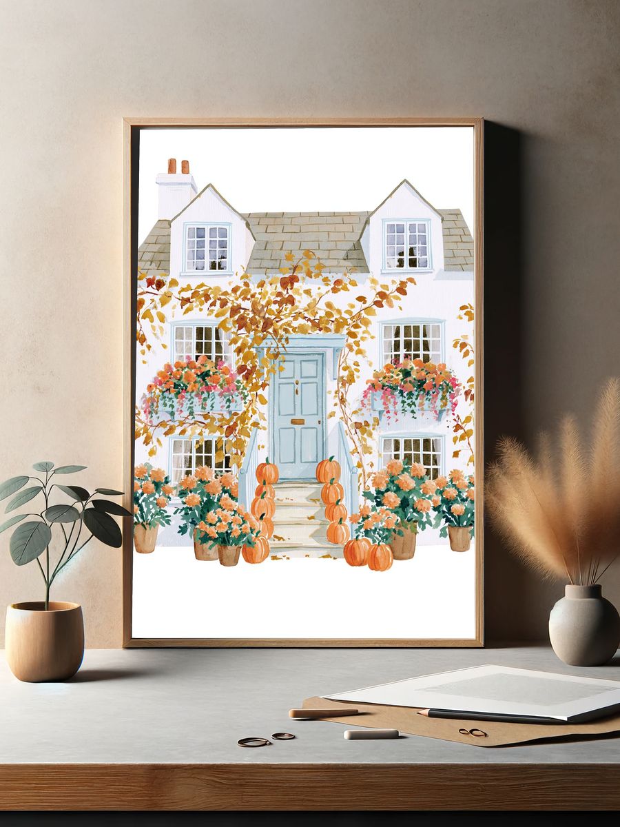 Autumn Cottage Watercolor Print. — room view 2