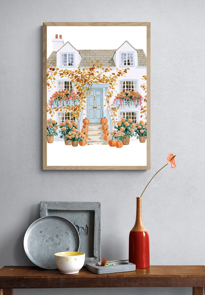 Autumn Cottage Watercolor Print. — room view 3