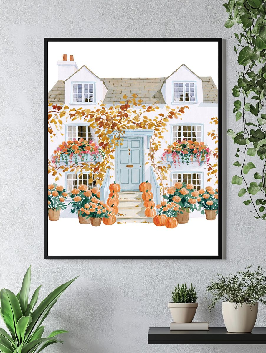 Autumn Cottage Watercolor Print. — room view 4