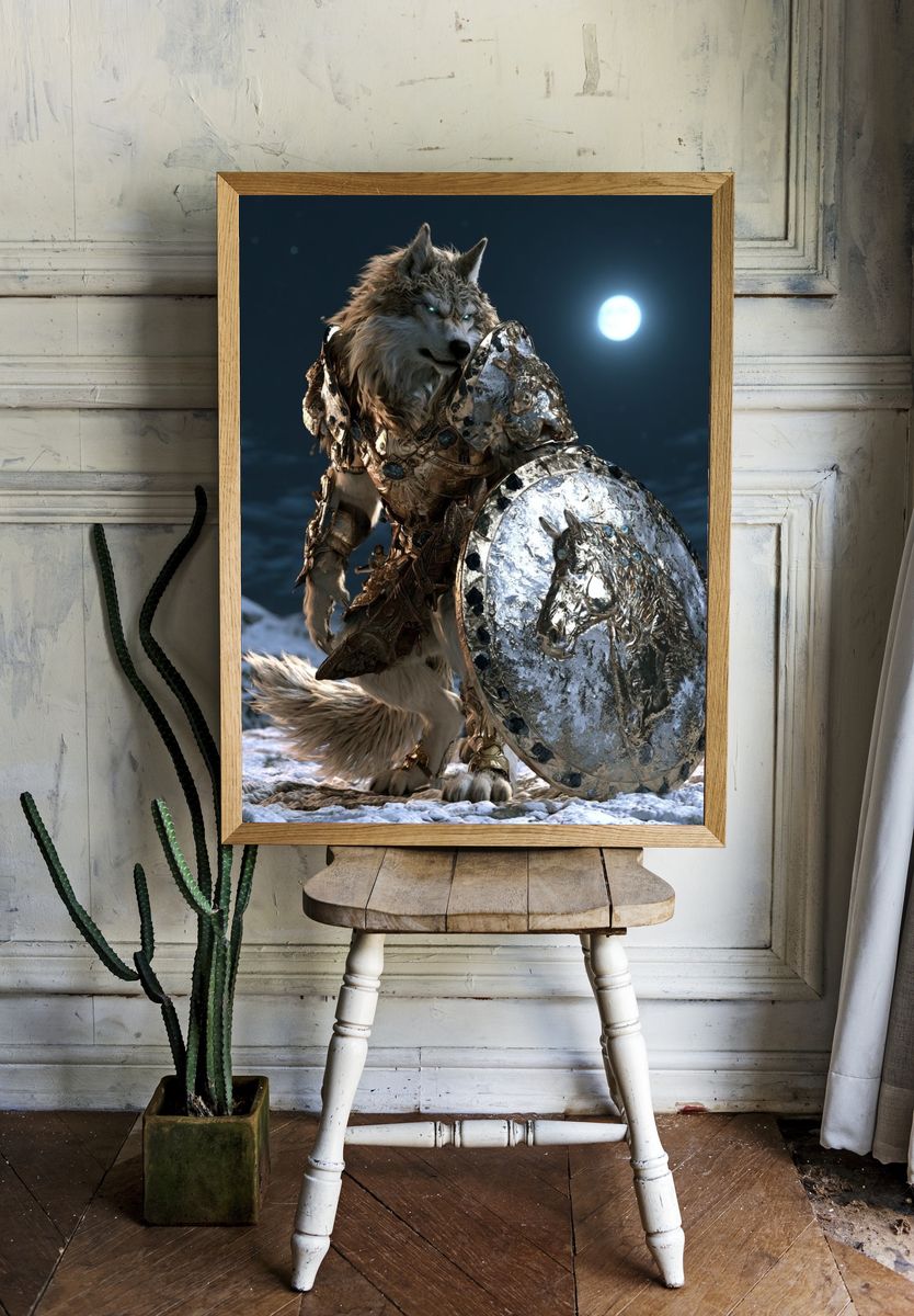 Armored Wolf Moonlight Illustration Poster. — room view 1