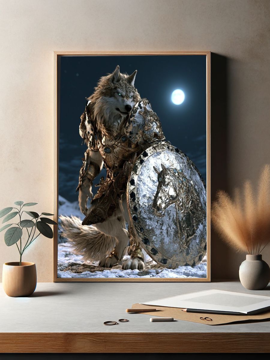 Armored Wolf Moonlight Illustration Poster. — room view 2