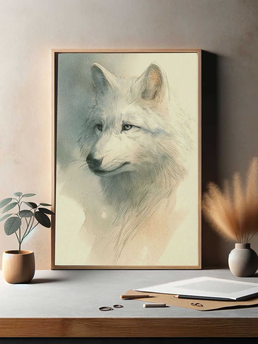 Arctic Wolf Watercolor Poster. — room view 2