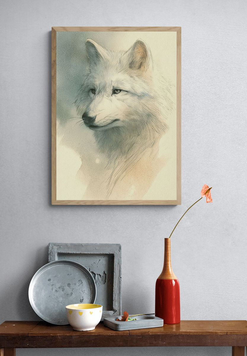 Arctic Wolf Watercolor Poster. — room view 3