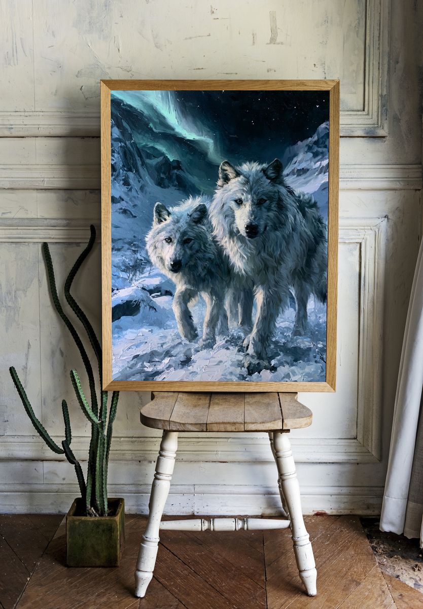 Arctic Wolves in Moonlit Snow Poster. — room view 1