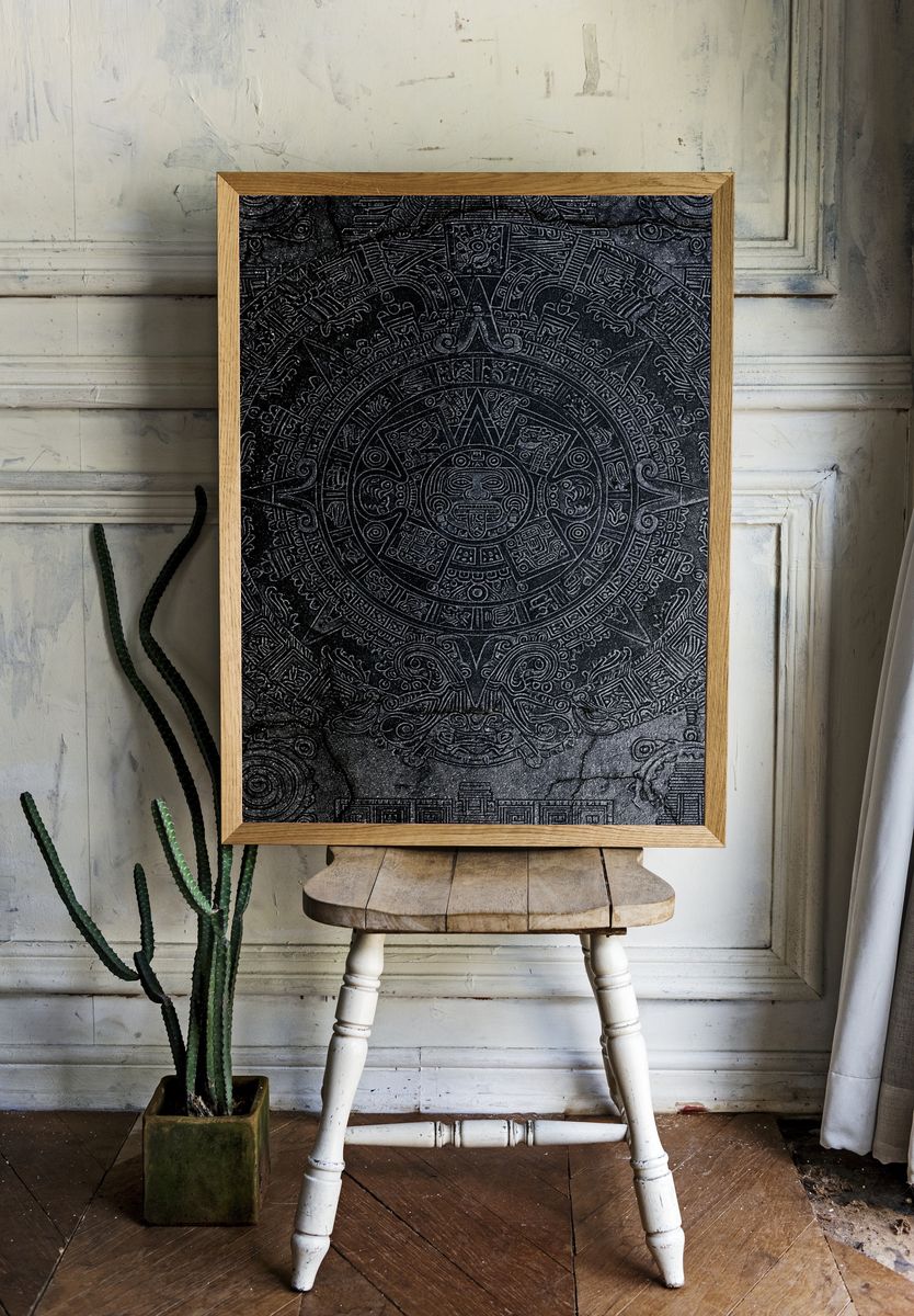 Aztec Sun Stone Black Print. room preview