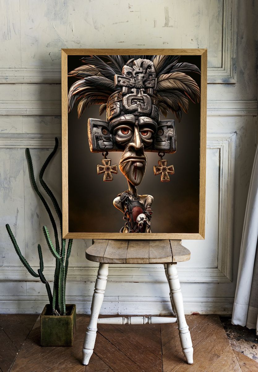 Aztec Warrior Mask Illustration Poster. room preview