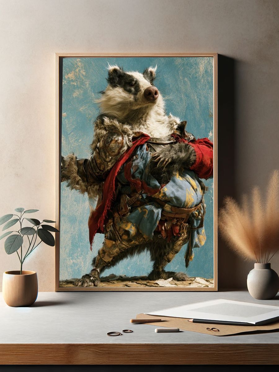 Armored Badger Fantasy Illustration Poster. — room view 2