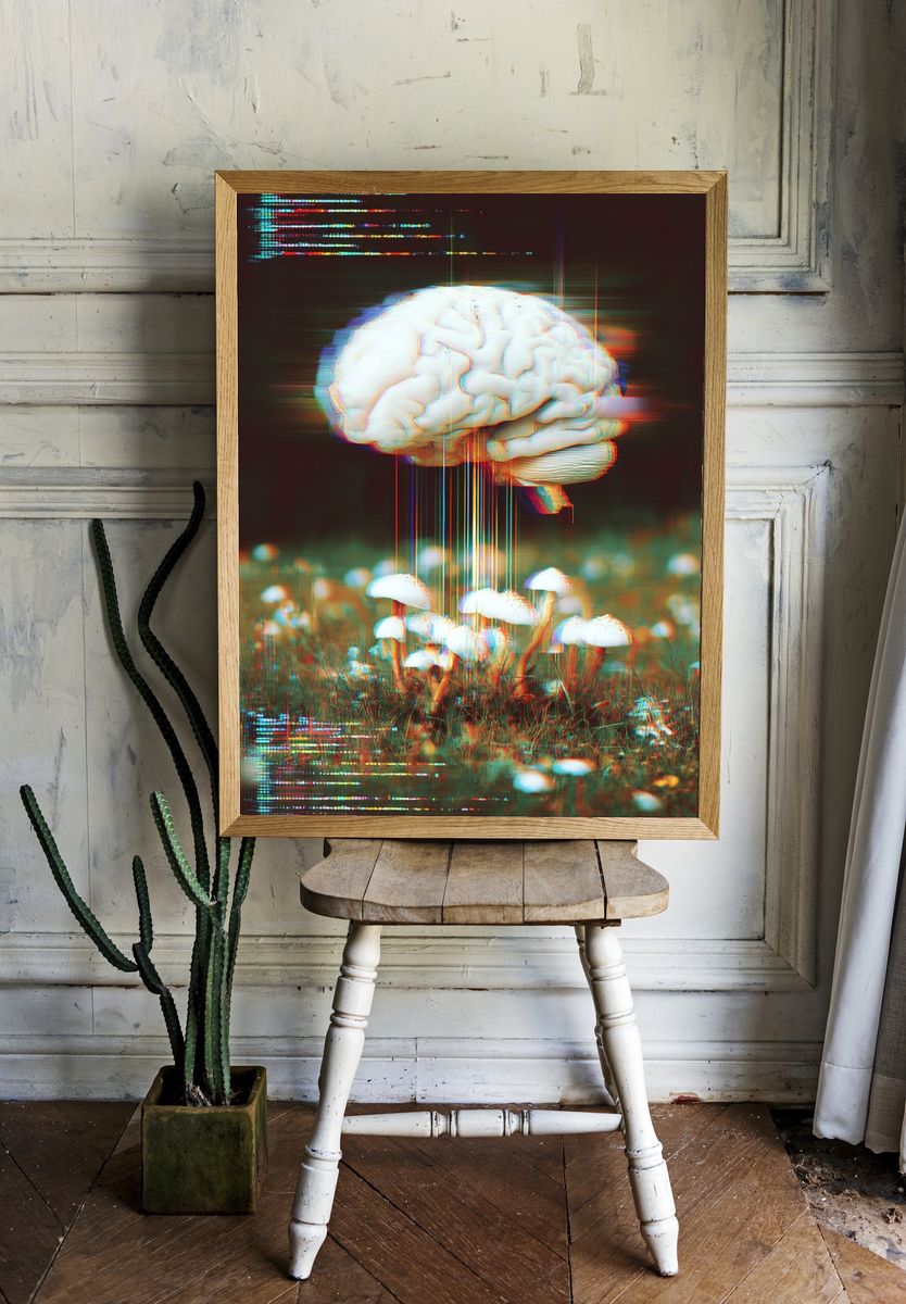 Brain and Mushrooms — Surrealism Print. — room view 1
