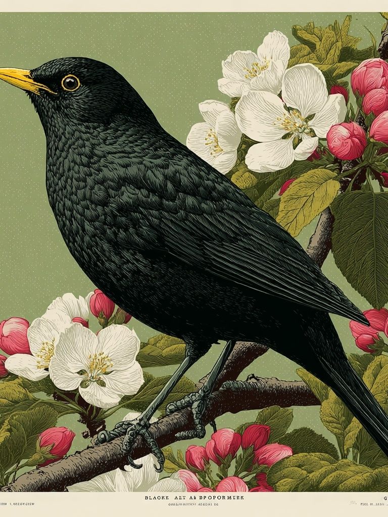 Blackbird and Blossoms — Botanical Print. poster — botanical art