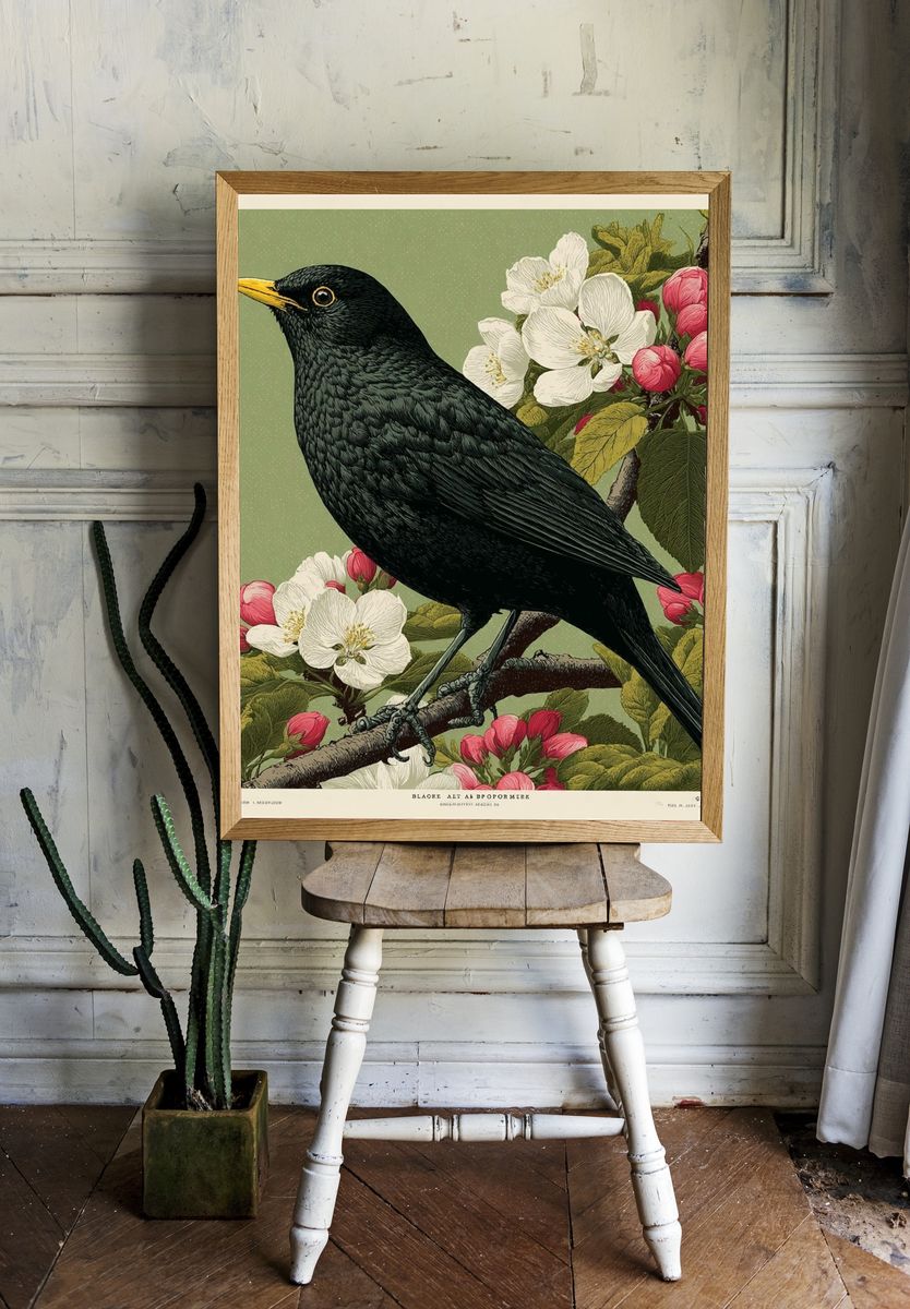Blackbird and Blossoms — Botanical Print. — room view 1