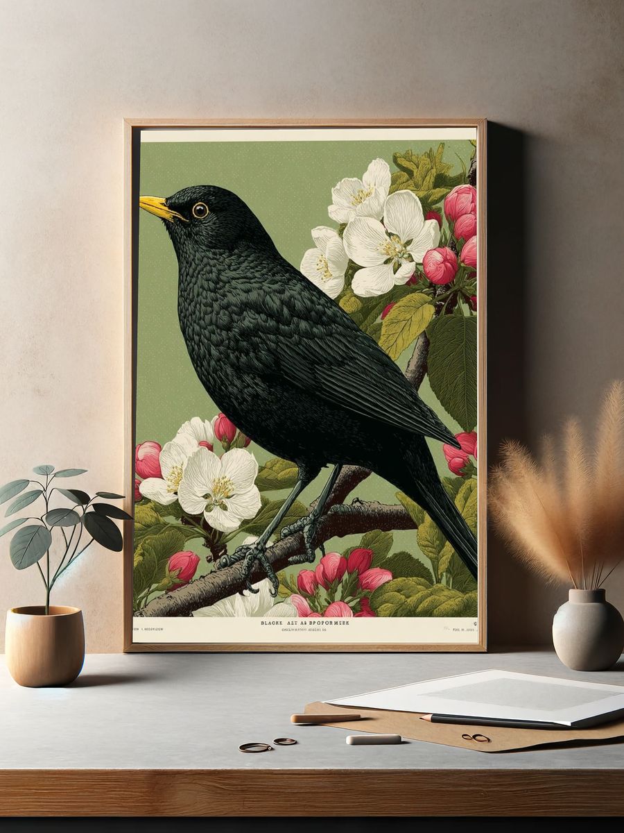 Blackbird and Blossoms — Botanical Print. — room view 2