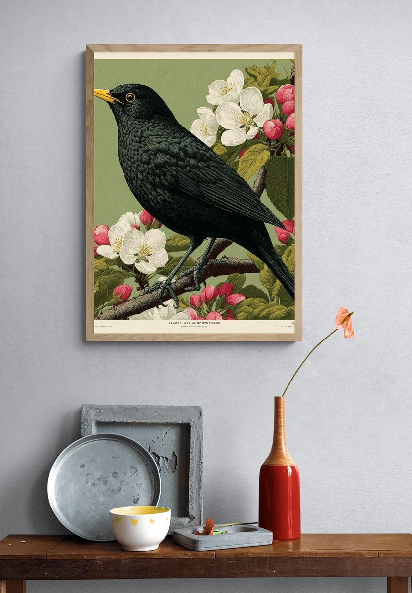 Blackbird and Blossoms — Botanical Print. — room view 3