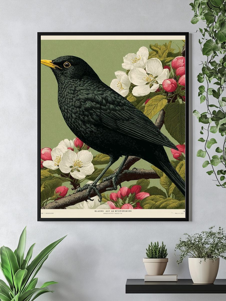 Blackbird and Blossoms — Botanical Print. — room view 4