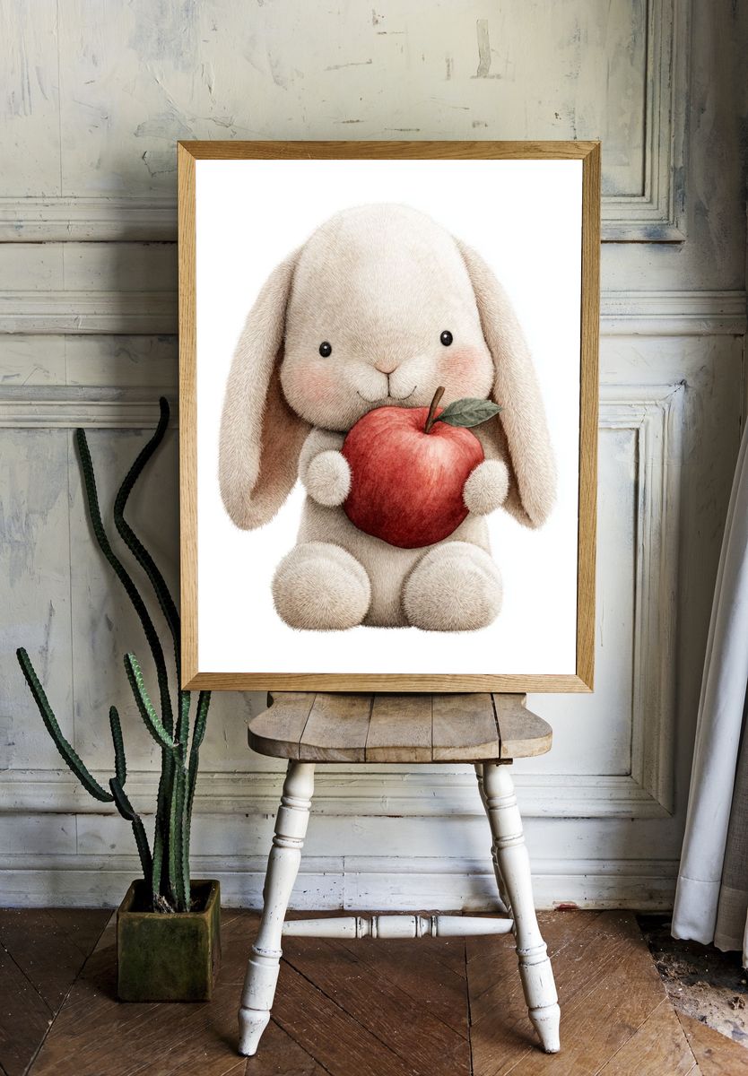 Cute Bunny Holding Apple — Illustration Print. — room view 1