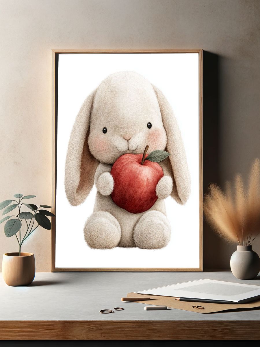Cute Bunny Holding Apple — Illustration Print. — room view 2
