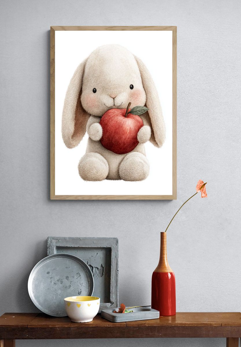 Cute Bunny Holding Apple — Illustration Print. — room view 3