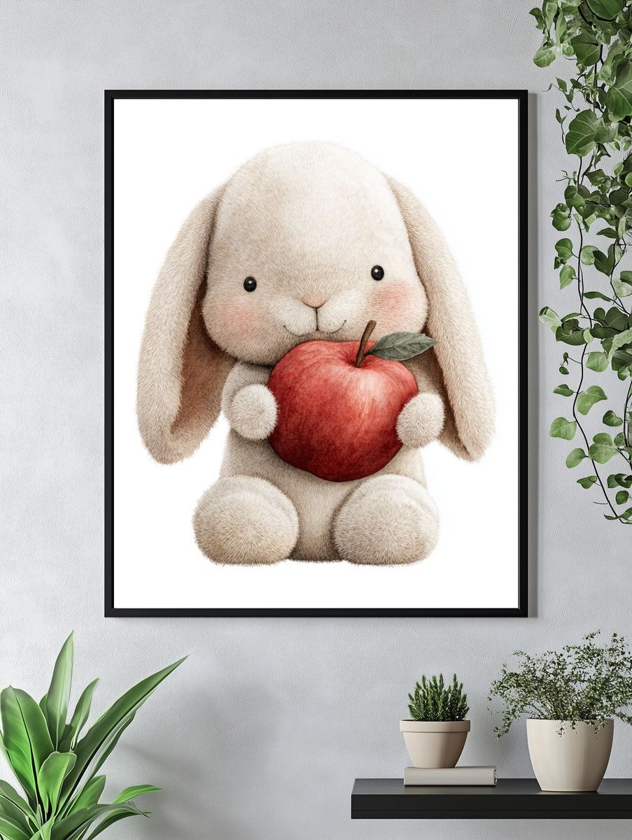 Cute Bunny Holding Apple — Illustration Print. — room view 4