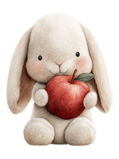 Cute Bunny Holding Apple — Illustration Print. poster