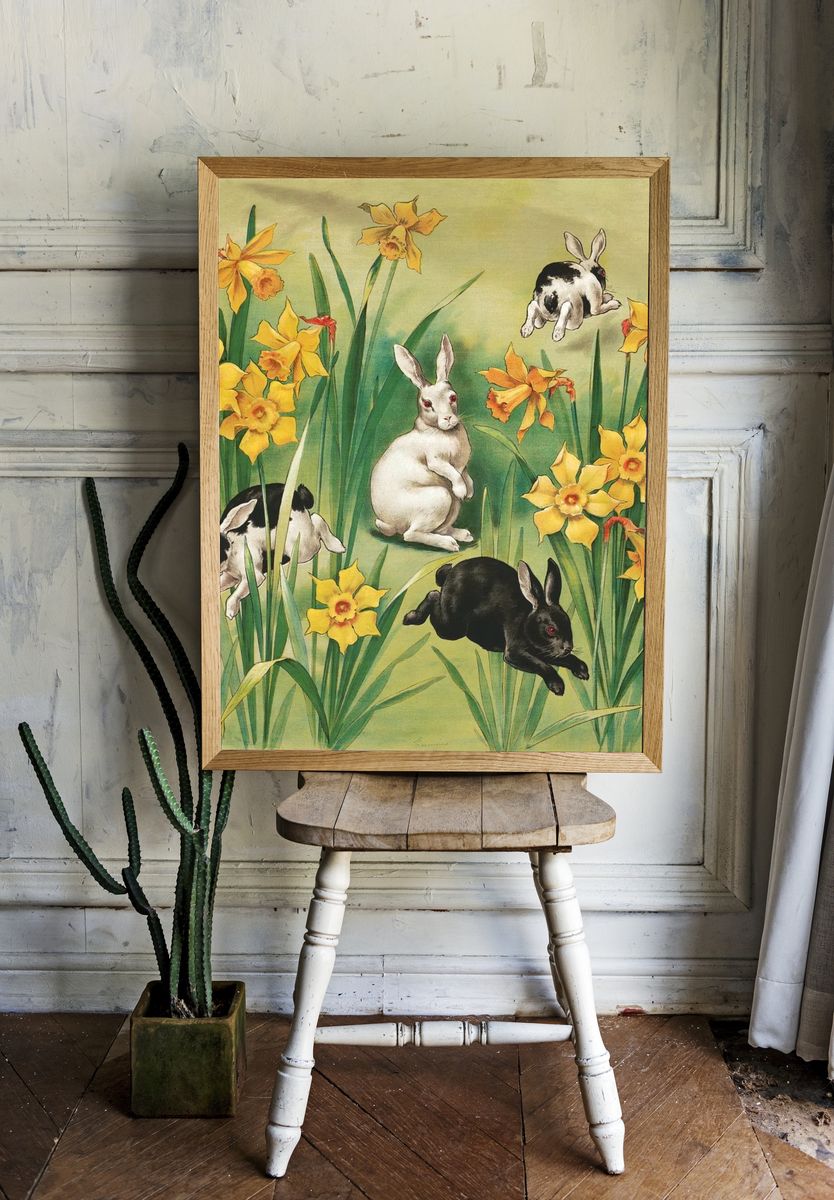 Bunnies and Daffodils — Vintage Print. — room view 1