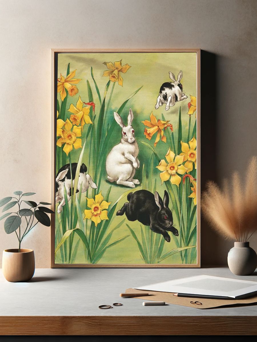 Bunnies and Daffodils — Vintage Print. — room view 2
