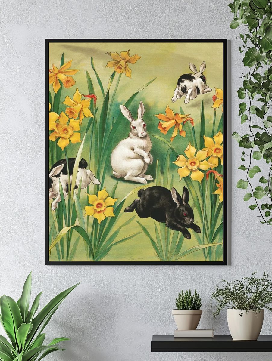 Bunnies and Daffodils — Vintage Print. — room view 4