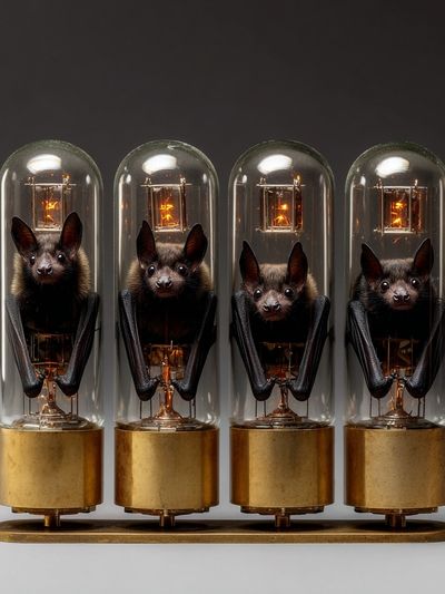 Bats in Glass Tubes — Surreal Art Print. poster print