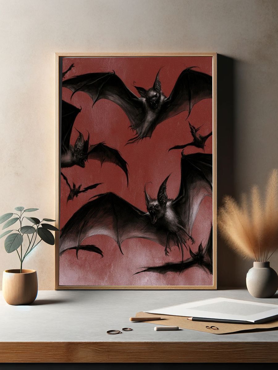 Flying Bats Illustration Poster. — room view 2