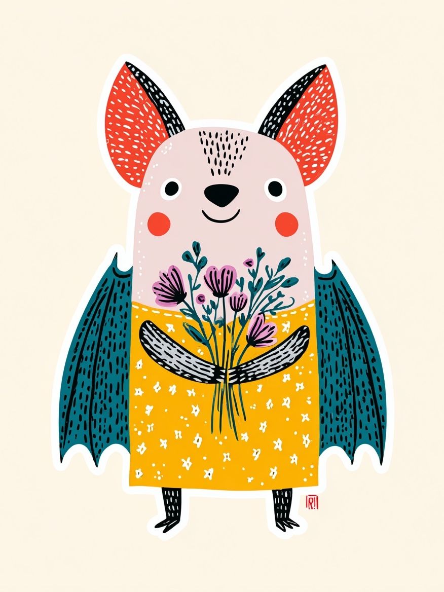 Cute Bat with Flowers — Illustration Print. poster — illustration art