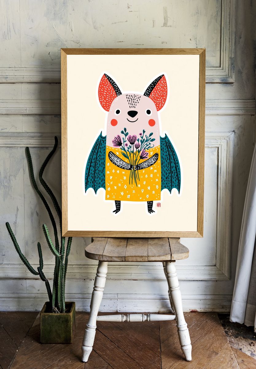 Cute Bat with Flowers — Illustration Print. — room view 1