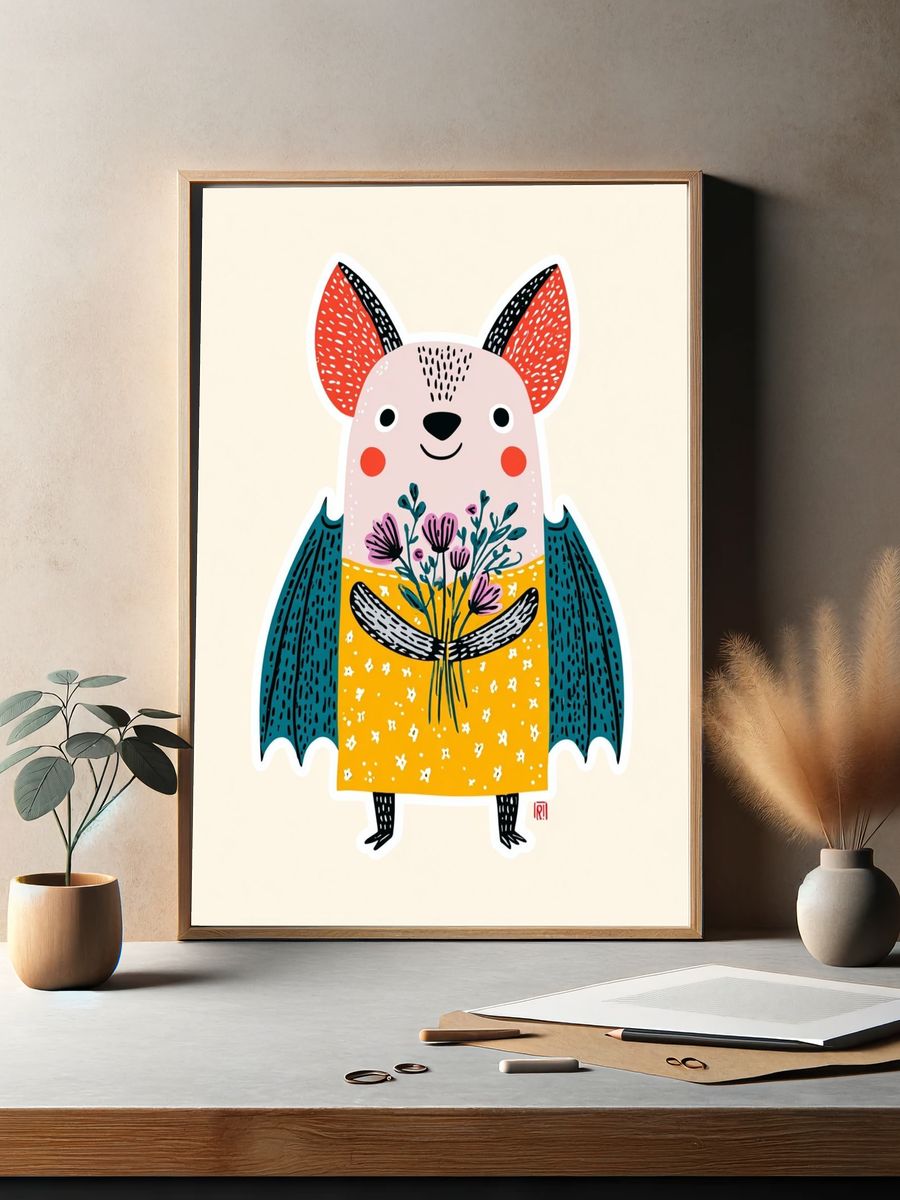 Cute Bat with Flowers — Illustration Print. — room view 2
