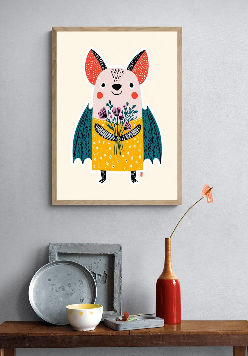 Cute Bat with Flowers — Illustration Print. — room view 3