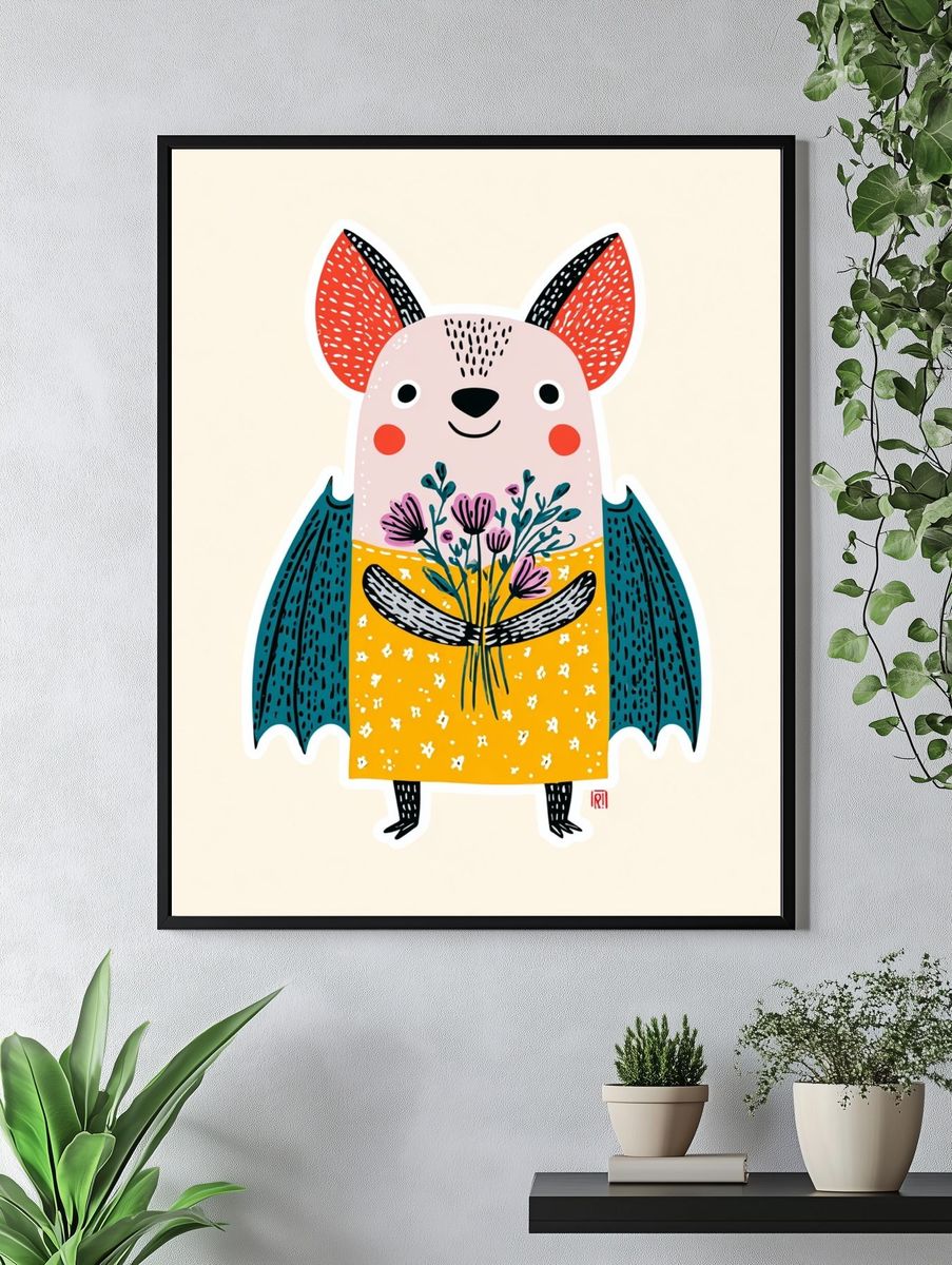 Cute Bat with Flowers — Illustration Print. — room view 4