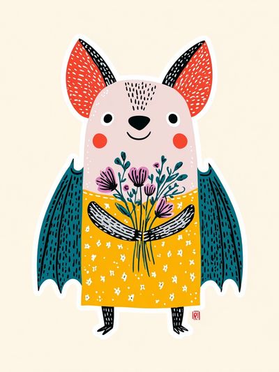 Cute Bat with Flowers — Illustration Print. poster print