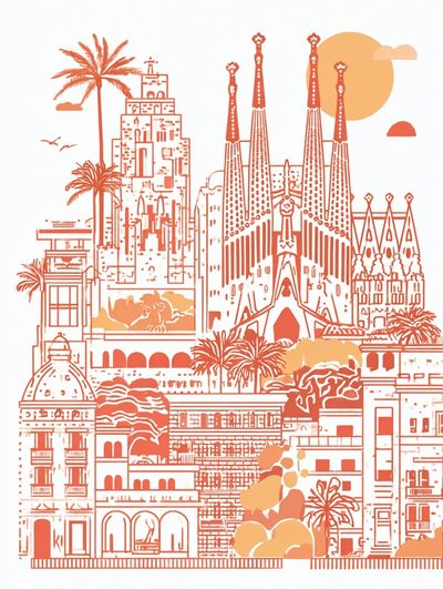 Barcelona Cityscape — Illustration Print. poster print