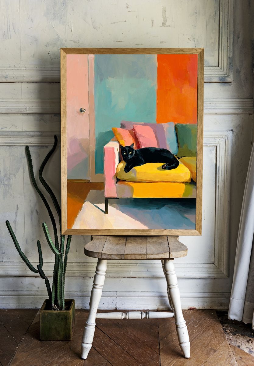 Black Cat on Colorful Couch Poster. — room view 1