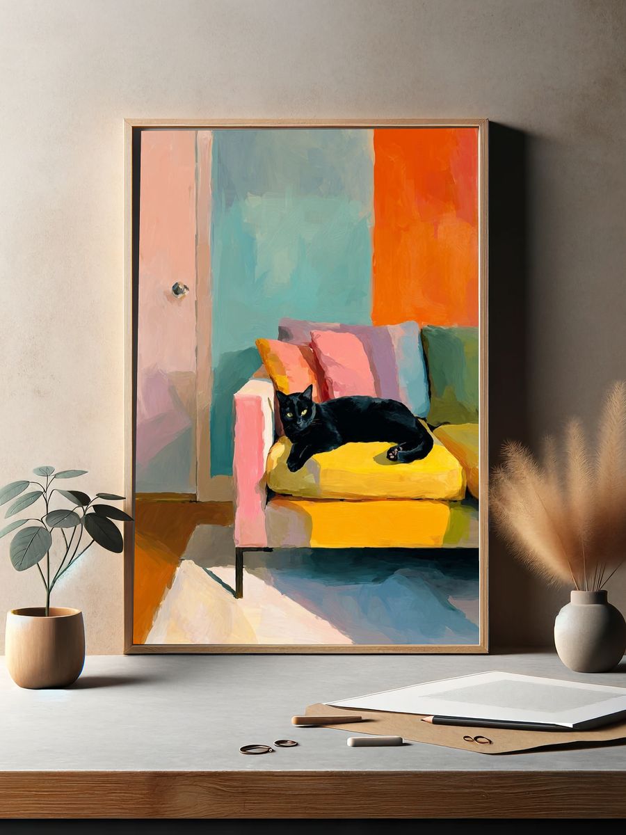 Black Cat on Colorful Couch Poster. — room view 2